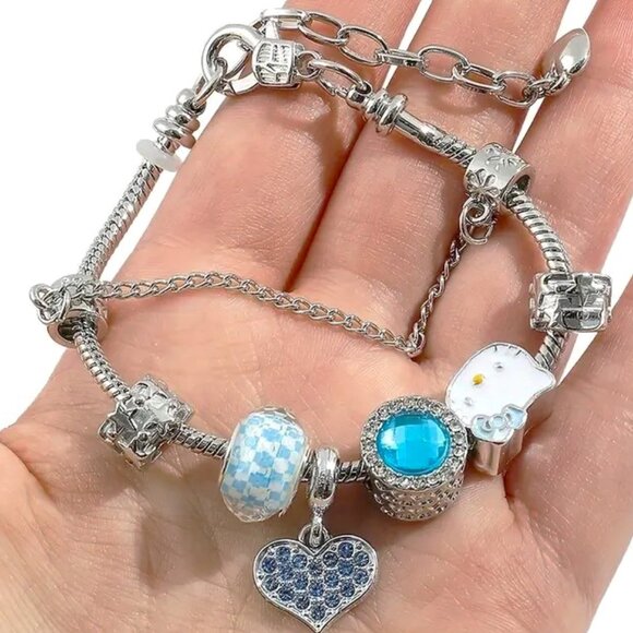 Charm Bracelet Hello Kitty Rhinestone Blue Red Double Emo Stylish Trendy Glam - Picture 4 of 6